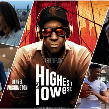 A collage featuring scenes from the movie 'Highest 2 Lowest,' showcasing key characters including Denzel Washington. The image highlights dramatic moments and a basketball scene, reflecting the film's themes.