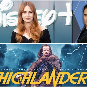 A promotional collage for the 'Highlander' remake featuring actors posing at events, including a woman with long reddish hair against a Disney backdrop and a man in a suit. The bottom portion showcases the movie's title 'HIGHLANDER' with imagery of a historical warrior amidst a dramatic storm.