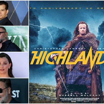 A collage featuring actors and the promotional poster for the 'Highlander' remake, depicting the lead character in a dramatic pose with a sword amidst a stormy background. The poster includes bold yellow text and credits the film to Russell Mulcahy.