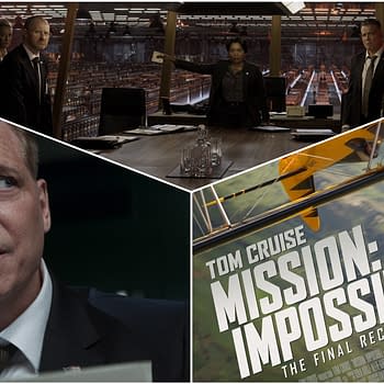 A collage featuring a tense boardroom scene with several characters, including a woman gesturing, a worried man in close-up, and a promotional poster for 'Mission: Impossible - The Final Reckoning' displaying Tom Cruise. The collage emphasizes themes of action and suspense.