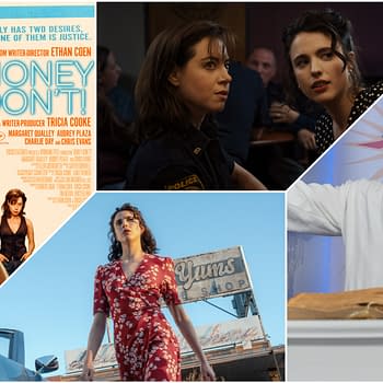 A collage promoting the film "Honey Don't!", featuring scenes with characters in various settings, including an actress in a police uniform and another in a red dress against a diner backdrop. The film's title is prominently displayed on the left side.