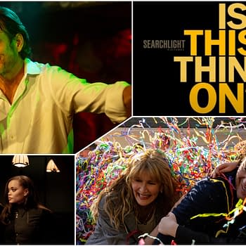 A collage featuring a stand-up comedian on stage, two women conversing in a bar setting, and a joyful scene with a family surrounded by colorful confetti. The title 'Is This Thing On?' is prominently displayed above the images.