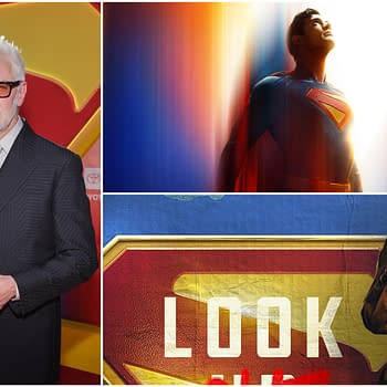 Collage featuring James Gunn smiling on the red carpet in front of a Superman logo, a superhero figure wearing a blue and red costume with the Superman emblem, and a character in a brown coat holding a drink while wearing a similar Superman shirt. The image highlights the connection between Gunn and the Superman franchise.