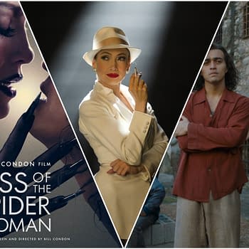A promotional collage for the film 'Kiss of the Spider Woman', featuring three scenes: a close-up of a woman's face with dark gloves, a woman in a white suit holding a cigarette, and two men standing against a stone wall in a prison-like setting.