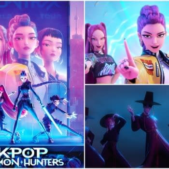 A vibrant illustration for 'KPop Demon Hunters' featuring stylized characters posed dynamically with futuristic weapons. The design emphasizes a blend of K-pop aesthetics and supernatural themes.