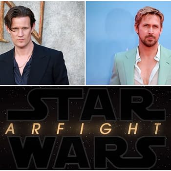 A promotional image featuring two actors, with one on the left dressed in a black suit and the other on the right in a mint green outfit, above a stylized 'Star Wars Starfighter' logo against a starry background.