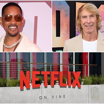A collage featuring Will Smith smiling at a movie premiere, Michael Bay posing for a photo, and a prominent red Netflix sign outside a building. The image highlights prominent figures in the entertainment industry associated with Netflix.