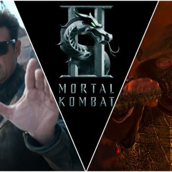 A promotional illustration for Mortal Kombat II featuring two characters: one in sunglasses and a leather jacket, striking a fighting pose, and the other in a black hooded outfit, preparing for combat. The image includes the Mortal Kombat logo prominently displayed.