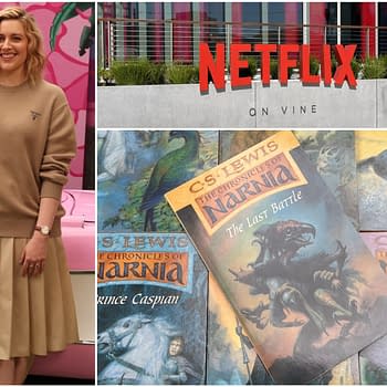 A collage featuring three elements related to "The Chronicles of Narnia": a Netflix sign, a close-up of C.S. Lewis's book covers including "The Last Battle," and a woman smiling in casual attire.