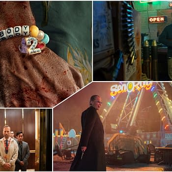 A collage from 'Nobody 2' featuring a blood-stained wrist with a beaded bracelet spelling 'Nobody,' a man holding a firearm in a bar with neon signs, a group of four men in an elevator, and a woman in a long coat at a carnival with bright lights.