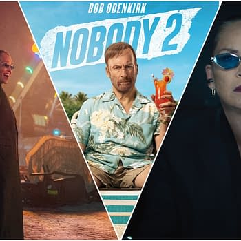 A promotional collage for 'Nobody 2', featuring Bob Odenkirk in a tropical shirt holding a colorful drink, flanked by two other characters: one in a black coat with a weapon and another holding a small dog. The background includes scenes of vibrant lights and a beach setting.
