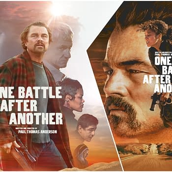 A movie poster titled 'One Battle After Another,' featuring prominent actors including Leonardo DiCaprio, Sean Penn, and Benicio del Toro. The design displays various character portraits against a dramatic landscape, emphasizing themes of conflict and struggle.