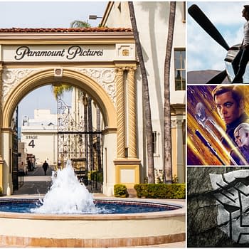 A collage featuring the entrance to Paramount Pictures, showcasing its iconic archway and fountain, alongside promotional images for Top Gun, Star Trek, and Transformers, emphasizing the brand's film priorities.