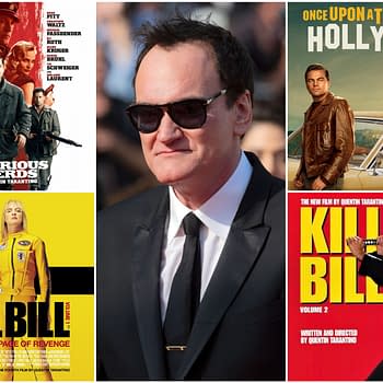 A collage featuring iconic movie posters from Quentin Tarantino's films, including 'Inglourious Basterds', 'Kill Bill: Volume 1', and 'Once Upon a Time in Hollywood', alongside a photo of Quentin Tarantino in sunglasses and a suit.