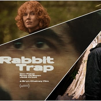 The promotional image for the film 'Rabbit Trap,' featuring a collage of two characters: a woman with curly hair and a man looking upwards, surrounded by a forest backdrop. The title 'Rabbit Trap' is prominently displayed in an artistic font, along with credits for the cast and filmmaker.