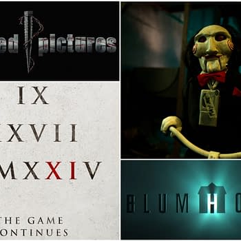 A collage featuring iconic elements from the 'Saw' franchise, including the 'Twisted Pictures' logo, a sinister puppet character holding a tricycle, the release date 'IX XXVII MMXXIV' with 'The Game Continues' tagline, and the 'Blumhouse' logo, all representing a horror movie theme.