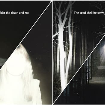 A dark and moody split-image featuring a ghostly figure with a blurred face on the left, accompanied by an old house, and a shadowy forest with bare white trees on the right. Text overlays convey themes of decay and hope for renewal.