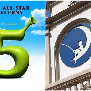 A vibrant cartoon logo featuring a green, oversized number 5 with a whimsical design against a blue sky, accompanied by the text "THE ALL-STAR RETURNS" and the DreamWorks logo, signaling the release of Shrek 5.