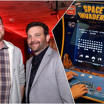A split image featuring two men standing together on one side, and an arcade machine displaying the classic game "Space Invaders" on the other side. The arcade screen shows pixelated alien invaders, while hands are positioned on the machine's controls.