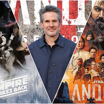 A collage featuring Simon Kinberg at a promotional event, flanked by iconic imagery from 'Star Wars: The Empire Strikes Back' and the series 'Andor.' The left side displays a scene from 'The Empire Strikes Back,' while the right showcases characters from 'Andor' against a vibrant background.