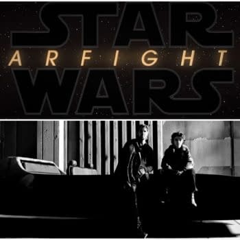 A stylized illustration featuring the iconic 'Star Wars' title in bold letters against a starry background, accompanied by a monochrome scene of two characters beside a sleek starfighter. The image captures a blend of science fiction and dramatic atmosphere.