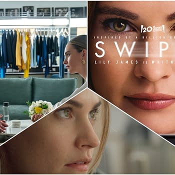 A collage from the film 'Swiped' featuring two main characters engaged in a conversation on a couch, with an additional close-up of the female protagonist's face. The title 'SWIPED' is prominently displayed across the image, highlighting Lily James as Whitney Wolfe.