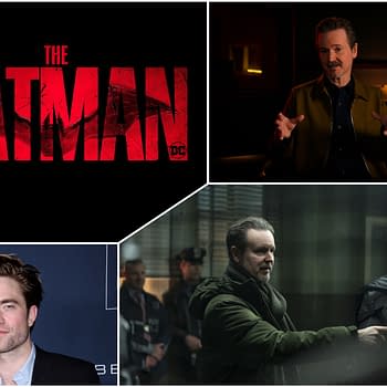 The logo for "The Batman" features the title in bold red letters against a black background. The image also shows actors engaged in behind-the-scenes moments, including a scene with Batman and a character in a dark setting.