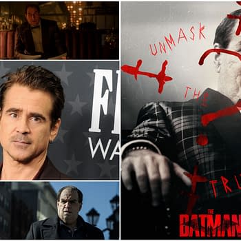 A collage featuring Colin Farrell as the Penguin in 'The Batman,' showcasing his character in various scenes. The central image includes bold red text that reads "UNMASK THE TRUTH" along with the movie title "THE BATMAN."