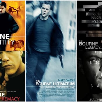 Collage of movie posters for the Bourne series, featuring images of Jason Bourne played by Matt Damon in various action-packed and dramatic scenes, showcasing titles like 'The Bourne Identity,' 'The Bourne Supremacy,' 'The Bourne Ultimatum,' and 'The Bourne Legacy.'
