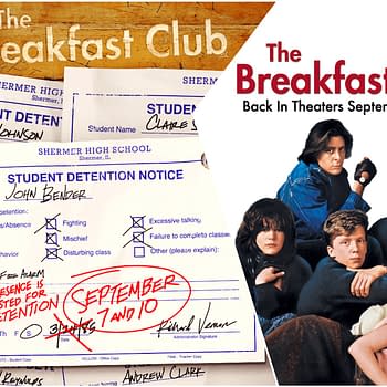 A collage featuring detention slips from Shermer High School, listing students' names like John Bender and Allison Reynolds, alongside promotional material for 'The Breakfast Club' movie, highlighting its 40th anniversary screenings on September 7 and 10.