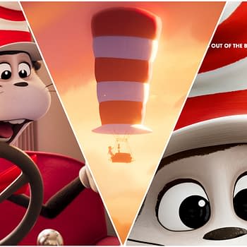 A cartoon illustration features the Cat in the Hat, a playful character wearing a tall striped hat. The image includes three scenes: the cat joyfully driving a vehicle, a floating hat in the sky, and a close-up of the cat's face with large expressive eyes.