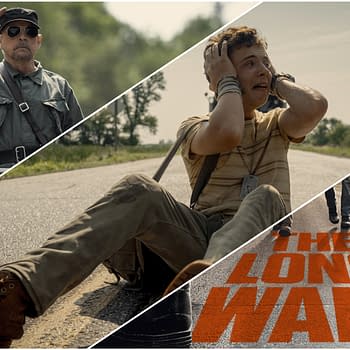 A collage from 'The Long Walk' features a stern soldier saluting, a distressed young man sitting on the road with his hands on his head, and a group of people walking on the same road, with the title 'THE LONG WALK' displayed in bold orange letters.