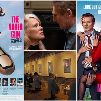 A collage promoting 'The Naked Gun', featuring a parody movie poster with a character holding a gun while standing on a bullet, and scenes showing characters in dramatic and humorous interactions. Key elements include a comedic tone and references to crime-fighting.