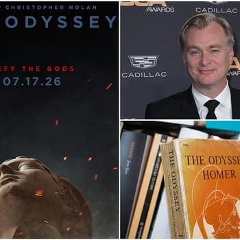 A promotional poster for the film "The Odyssey" directed by Christopher Nolan, featuring a sculpted head against a smoky background with the release date "07.17.26" and the tagline "Defy the Gods." Surrounding it are images of Nolan and a copy of "The Odyssey" by Homer.