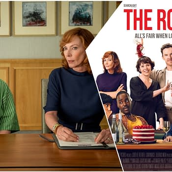 A promotional collage for the film "The Roses," featuring two women seated at a table on the left, and a group of characters on the right with bold text stating the film's title and tagline. The setting conveys a mix of tension and humor, highlighting themes of love and conflict.