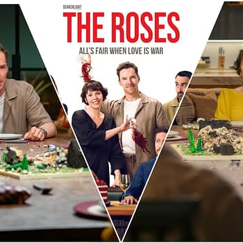 A promotional collage for 'The Roses,' featuring actors seated around a dining table amidst a chaotic setting, with a woman playfully pouring wine amidst a backdrop of dramatic expressions. The text reads 'THE ROSES: ALL'S FAIR WHEN LOVE IS WAR.'