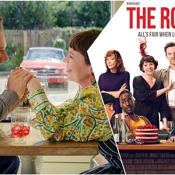 A split image from the film 'The Roses,' featuring two characters smiling and holding hands at a table on the left, while the right side displays the film's poster with a group of diverse characters, some engaged in playful actions. The tagline reads, 'All's fair when love is war.'
