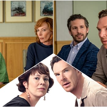 A collage featuring four characters from the show 'The Roses,' with two women in conversation, one with short hair in a green striped shirt and the other with red hair in a blue sweater. The men are depicted in a more expressive discussion, showcasing intense emotions. This image captures the interpersonal conflict central to the series.