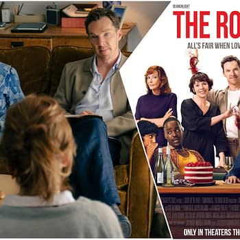 A promotional movie poster for 'The Roses' featuring a cast of characters engaged in a tense situation, with a humorous undertone. The tagline reads, "All's fair when love is war," and the image showcases various actors with expressions ranging from surprise to intrigue.