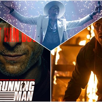 A promotional graphic for 'The Running Man' featuring a collage of three images: a close-up of a determined man, the text 'HUNT HIM DOWN' in bold red, and a performer with a microphone surrounded by sparkles.