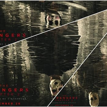 A promotional poster for 'The Strangers Chapter 2', featuring eerie reflections on dark water with a ghostly figure partially visible, alongside the film's title and release date in bold red text.