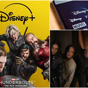 A promotional illustration for the Marvel series "Thunderbolts," featuring a group of characters with intense expressions in front of a bright yellow background, alongside the Disney+ logo. The text at the bottom reads "MARVEL STUDIOS THUNDERBOLTS *THE NEW AVENGERS*".