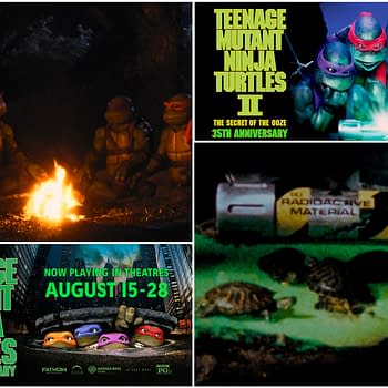 A collage celebrating the 35th anniversary of "Teenage Mutant Ninja Turtles," featuring the turtles by a campfire, promotional visuals for "The Secret of the Ooze," and scenes of turtles in various settings. The text highlights movie details and dates.