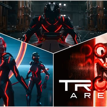 A dynamic collage featuring scenes from 'TRON: Ares,' showcasing two characters in sleek, red-accented suits, one riding a futuristic motorcycle and the other engaging in a high-tech environment.