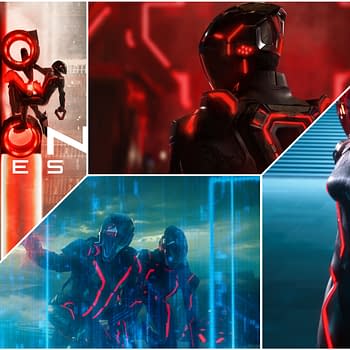 A digital collage featuring elements from 'TRON: Ares', showcasing a character in a futuristic suit with red accents, dynamic action scenes, and the title prominently displayed. The artwork encapsulates the high-tech, neon aesthetic of the TRON universe.