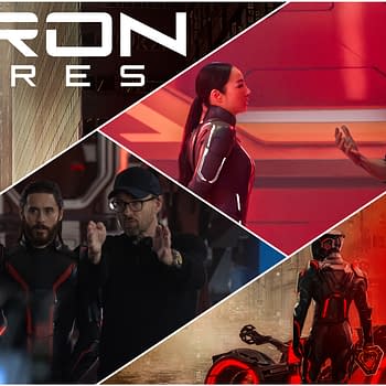 A collage from 'TRON: Ares' showcasing scenes and characters, including a man in a futuristic suit, a woman in a sleek outfit, and a director interacting with actors. The image features a vivid color palette with red and dark tones, enhancing the sci-fi theme.