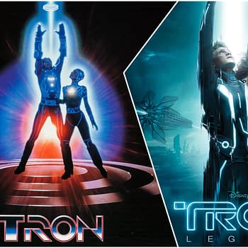 A promotional illustration split into two sides, featuring the original 1982 'TRON' film on the left with two characters reaching upwards surrounded by light, and the 2010 'TRON: Legacy' on the right, showcasing a futuristic scene with two characters in sleek suits against a blue-toned backdrop.