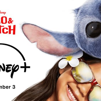 A promotional illustration for Disney's 'Lilo & Stitch,' featuring a smiling blue alien Stitch above a girl wearing sunglasses adorned with a flower. The Disney+ logo and 'September 3' text are included in the design.