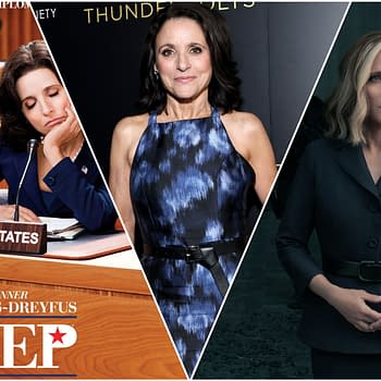Collage featuring Julia Louis-Dreyfus in various roles: as Selina Meyer from 'Veep,' looking disheveled at a podium labeled 'United States,' dressed elegant at a promotional event, and portraying a serious character in a dark suit. This highlights her versatility as an Emmy Award-winning actress.