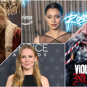 Collage featuring characters from 'Violent Night 2,' including a rugged Santa Claus figure, actress Daniela Melchior with a sleek hairstyle, and Kristen Bell smiling at a red carpet event, alongside the film's title creatively displayed.